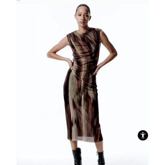 Zara Dresses & Skirts - Zara Brown Abstract Print Mesh Midi Dress Sleeveless Ruched Side Size Small